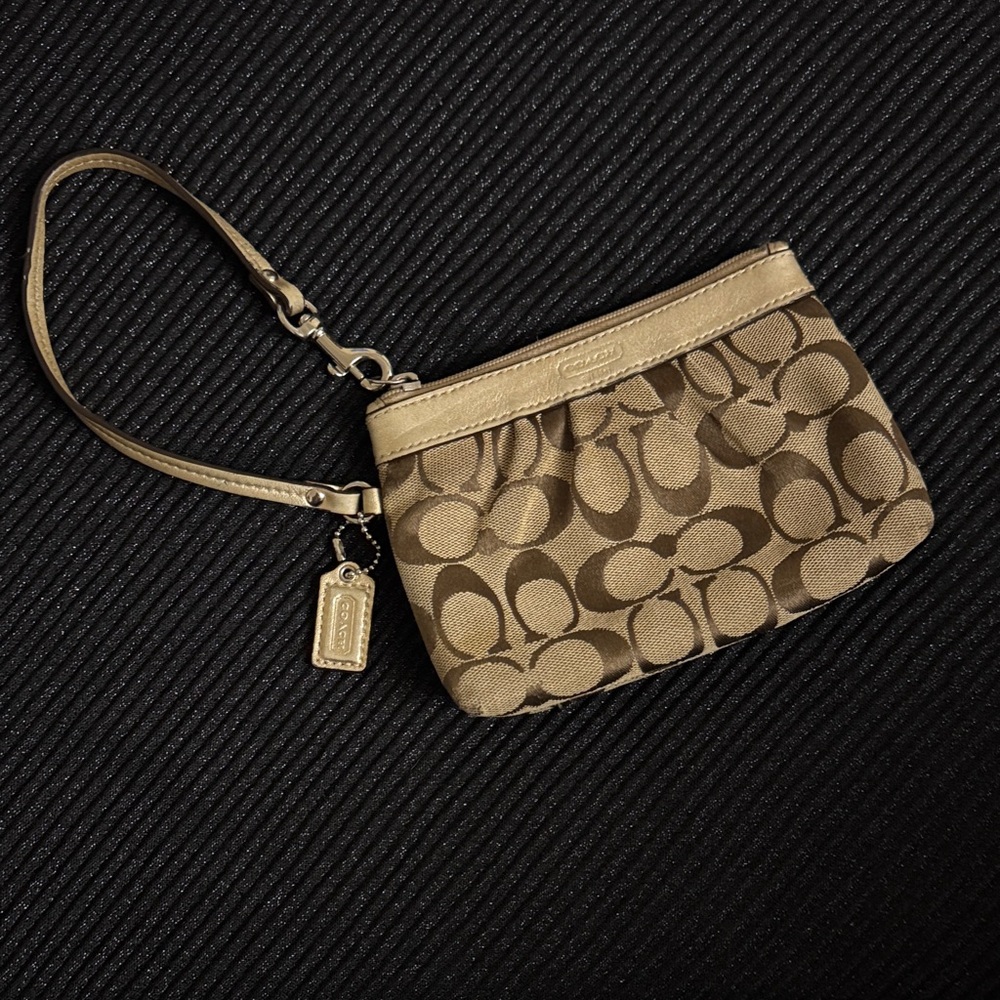 Coach Tan and Gold Signature Pattern Wristlet